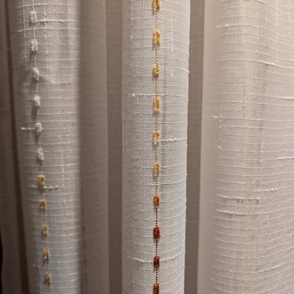 Curtain - White Sheer - Vertical Stripes - Rust Gradient Hairball Embroidery